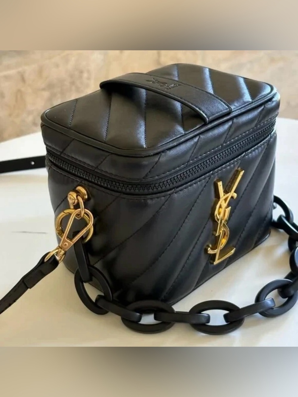 Source Unknown Black Quilted Cosmetic Case with Gold Hardware